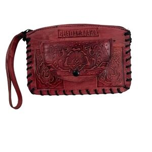 Genuine Guadalajara Leather Hand Tooled Floral Wristlet Clutch Zip Personalized